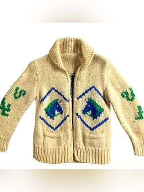Mary Maxim 1950’s Cowichan sweater in cream with blue/ green horse graphic Youth